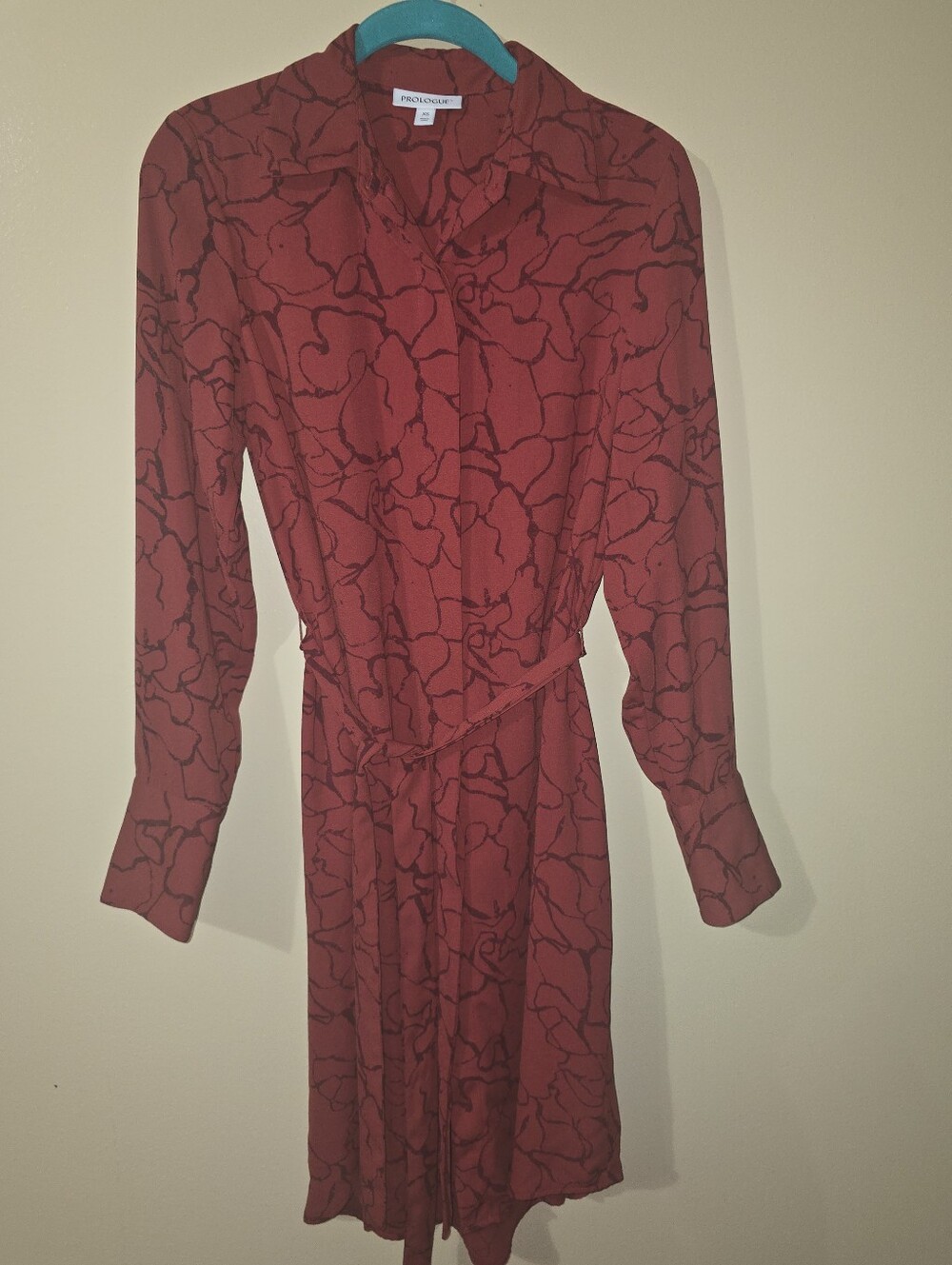 Prologue Red Long-Sleeve Shirt Dress with Black Floral Line Print